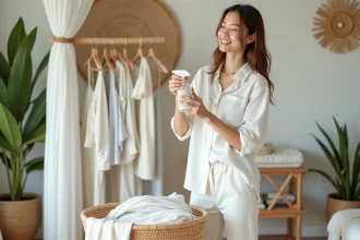 Femme vaporisant du linge propre dans une chambre balinaise