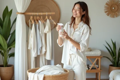 Femme vaporisant du linge propre dans une chambre balinaise