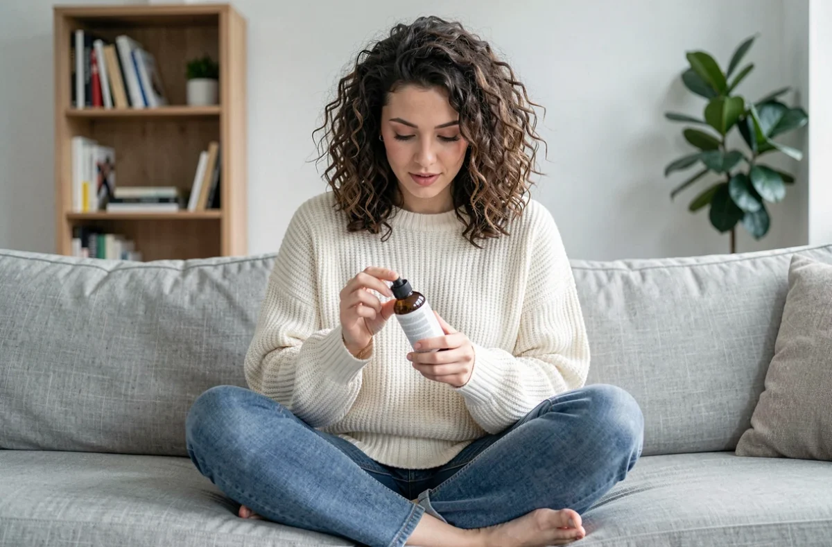 Jeune femme lisant l'étiquette d'un shampoing sans silicone dans un salon minimaliste avec des cheveux bouclés et volumineux