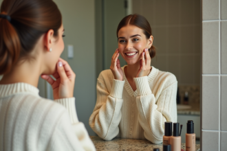 Femme appliquant du fond de teint devant un miroir de salle de bain