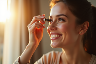 Femme souriante appliquant du mascara à ses cils en lumière naturelle