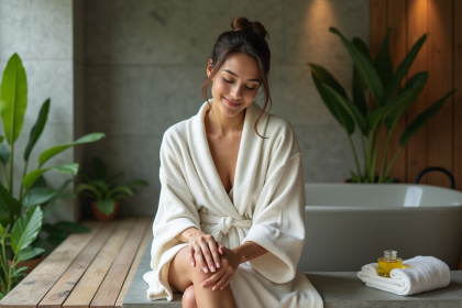 Femme en robe légère appliquant de l'huile sur ses bras dans un cadre naturel
