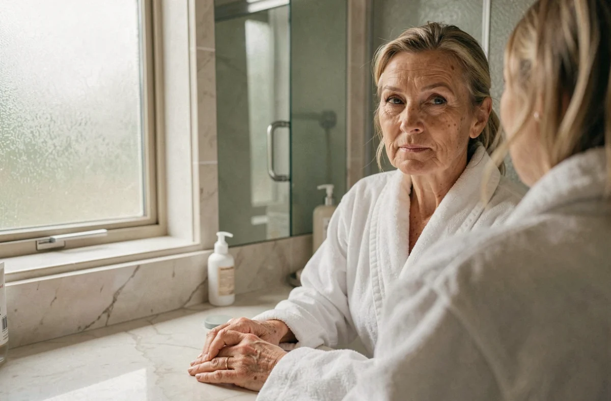 Femme mature dans la cinquantaine s'examinant dans un miroir de salle de bain, symbolisant la prise de conscience des changements corporels liés à l'âge
