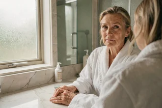 Femme mature dans la cinquantaine s'examinant dans un miroir de salle de bain, symbolisant la prise de conscience des changements corporels liés à l'âge