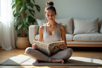 Femme assise sur un tapis d'acupression dans un salon calme
