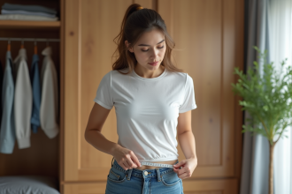 Jeune femme mesurant sa taille avec un ruban dans sa chambre