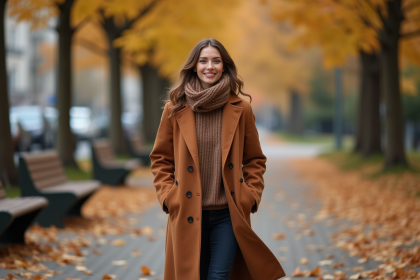 Femme élégante marchant dans un parc automnal avec un manteau