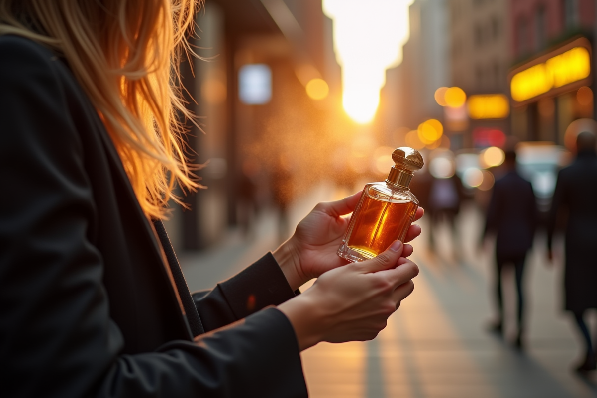 Femme appliquant du parfum dans une ville animée en plein jour
