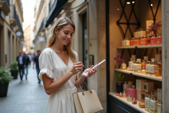Femme élégante sentant un échantillon de parfum devant une parfumerie espagnole