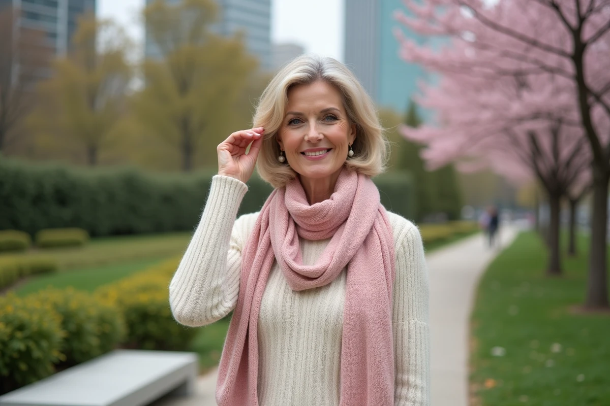 Femme souriante dans un parc urbain en extérieur