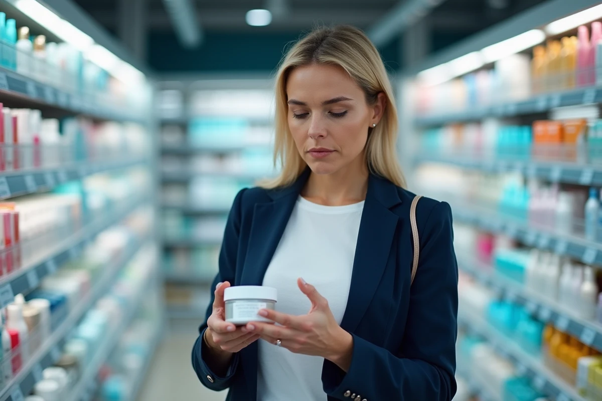 Femme lisant attentivement l'étiquette d'une crème anti-âge en pharmacie, exprimant un regard critique sur un produit cosmétique pour cernes et rides
