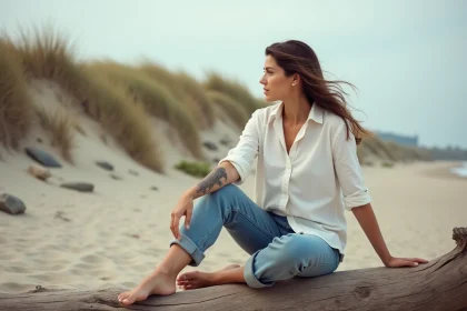 Femme assise sur la plage avec tatouage tortue au bras