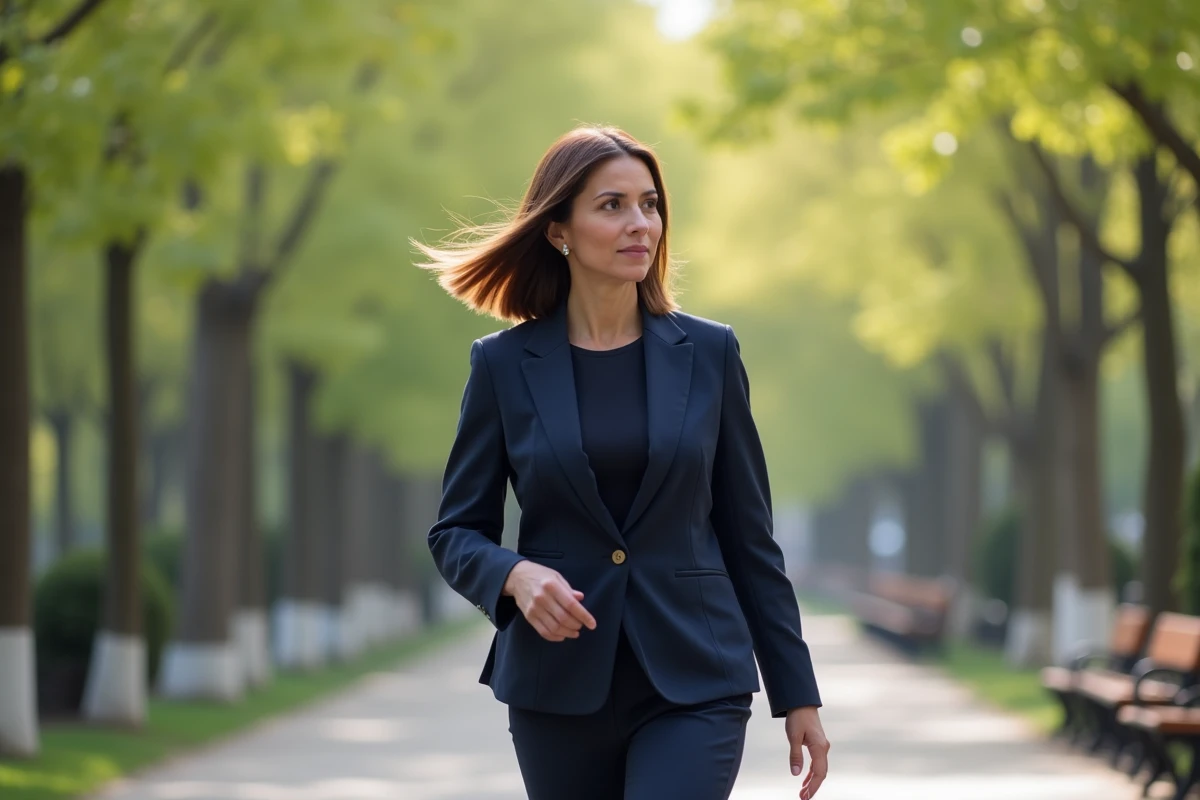 Femme professionnelle marchant dans un parc urbain