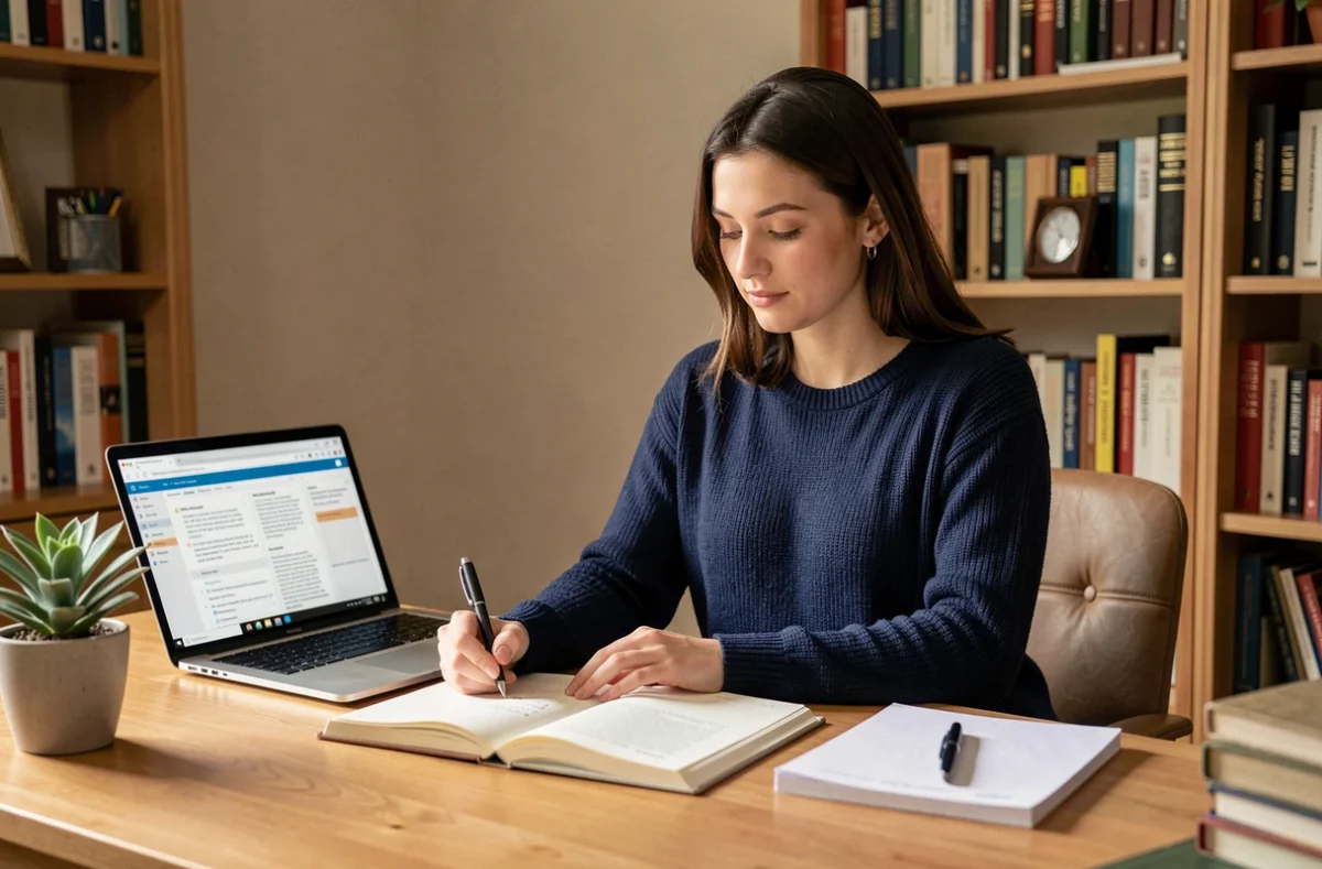 Jeune femme prenant des notes sur les avis et effets secondaires du Smilist à son bureau à domicile