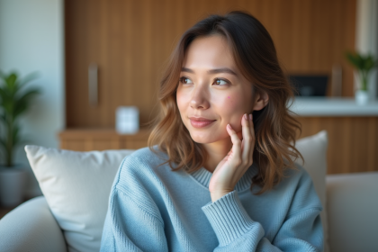 Femme en réflexion touchant son visage avec cicatrice