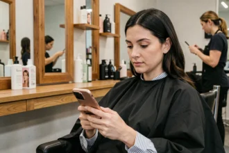 Femme consultant le site thebeautyandthegeek.fr sur son smartphone dans un salon de coiffure moderne