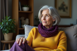Femme senior en intérieur avec pull jaune et foulard violet