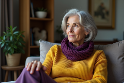 Femme senior en intérieur avec pull jaune et foulard violet