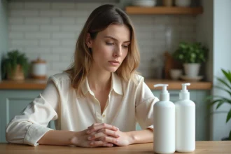 Femme examinant un shampoing dans une cuisine moderne