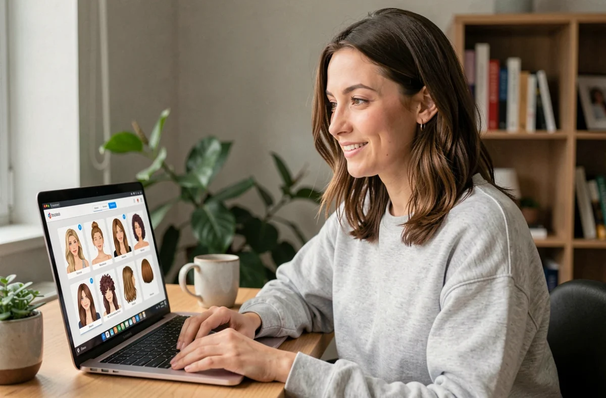 Femme utilisant un simulateur de coupe de cheveux en ligne sur son ordinateur portable à son bureau à domicile
