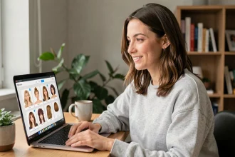 Femme utilisant un simulateur de coupe de cheveux en ligne sur son ordinateur portable à son bureau à domicile
