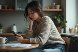 Femme concentrée sur son smartphone dans une cuisine moderne