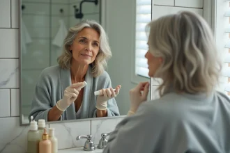Femme mature appliquant un soin repigmentant sur cheveux blancs devant un miroir de salle de bain