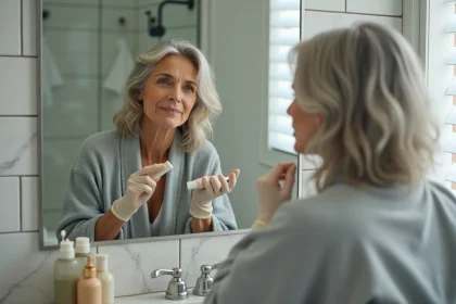 Femme mature appliquant un soin repigmentant sur cheveux blancs devant un miroir de salle de bain