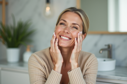 Femme souriante appliquant crème anti-ride au visage