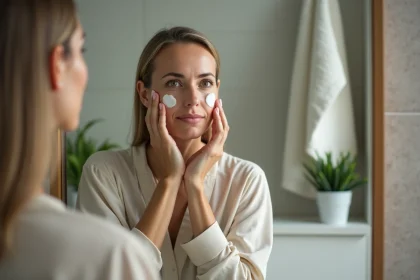 Femme appliquant crème anti-âge devant miroir dans salle de bain