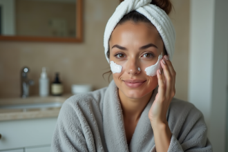 Femme se massant le visage avec un nettoyant doux