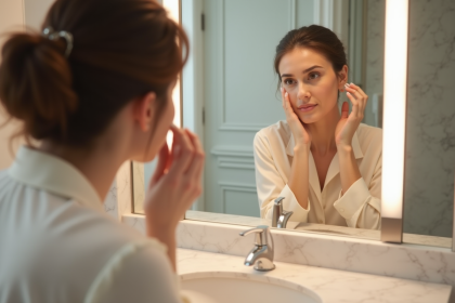 Femme appliquant un serum visage dans une salle de bain élégante