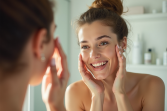 Femme dans la quarantaine se touchant le visage devant un miroir