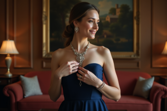 Femme élégante portant un collier en or blanc lors d'une soirée