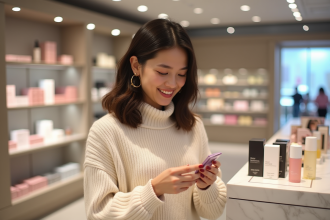 Femme souriante examinant un échantillon de soin visage