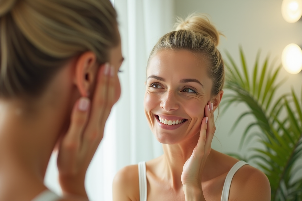 Femme regardant son visage lisse dans un miroir lumineux