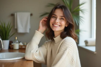 Femme souriante en salle de bain naturelle et apaisante
