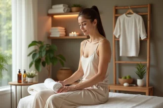 Femme détendue dans un spa avec serviette et ambiance apaisante