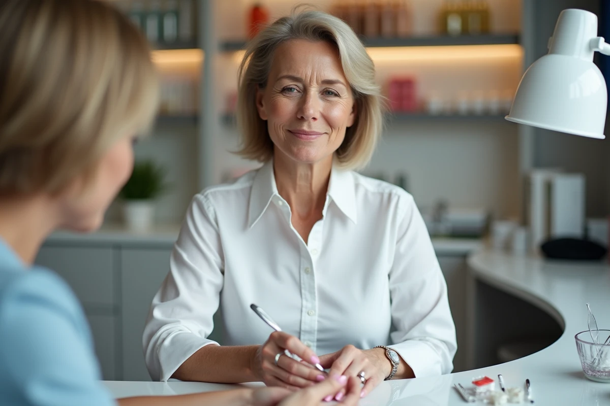 Femme en studio de manucure avec technicienne et ongles en porcelaine