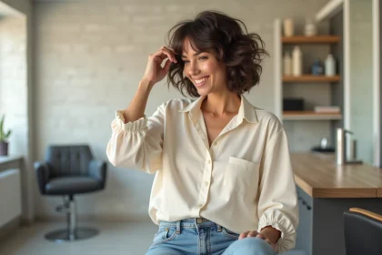 Femme élégante avec coiffure volumineuse dans un salon moderne