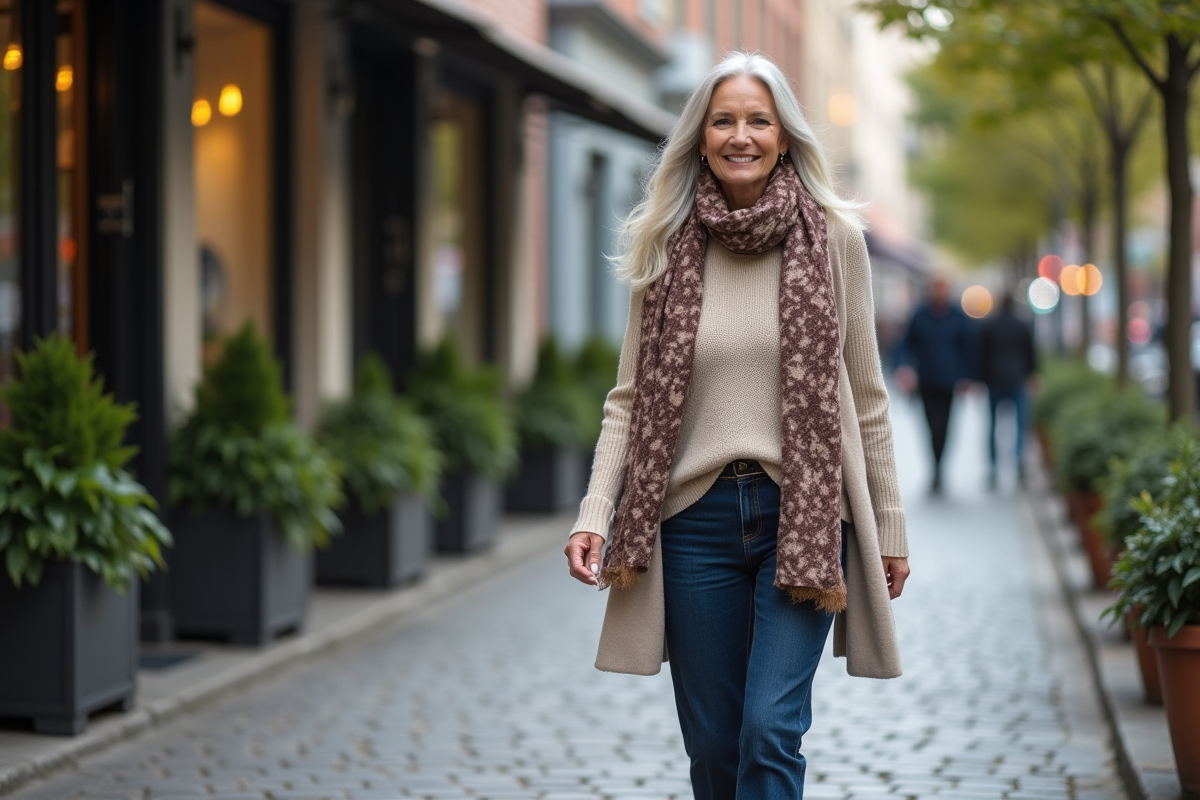 Femme élégante marchant dans une rue urbaine en journée