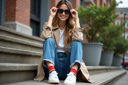 Femme en jeans et trench dans un décor urbain