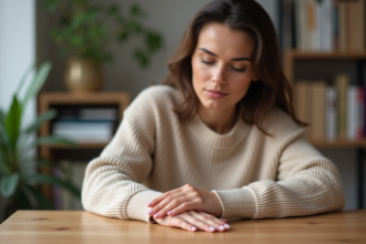 Femme regardant ses ongles gel avec réflexion dans un intérieur cosy
