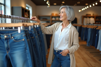 Femme âgée en jeans et blouse dans une boutique moderne