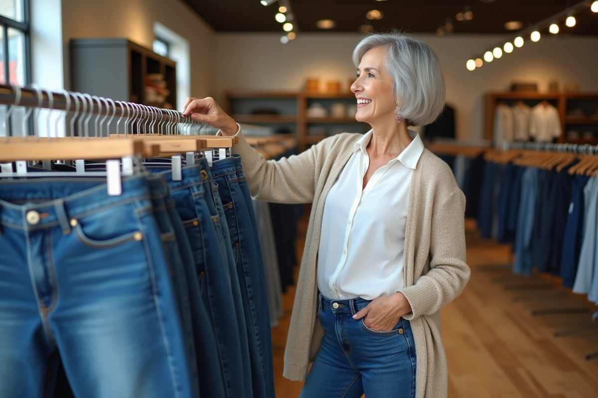 Femme âgée en jeans et blouse dans une boutique moderne