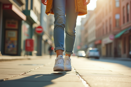 Jeune femme marchant en ville avec des Air Force One blanches