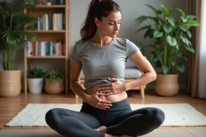 Femme en yoga dans un salon cosy et lumineux