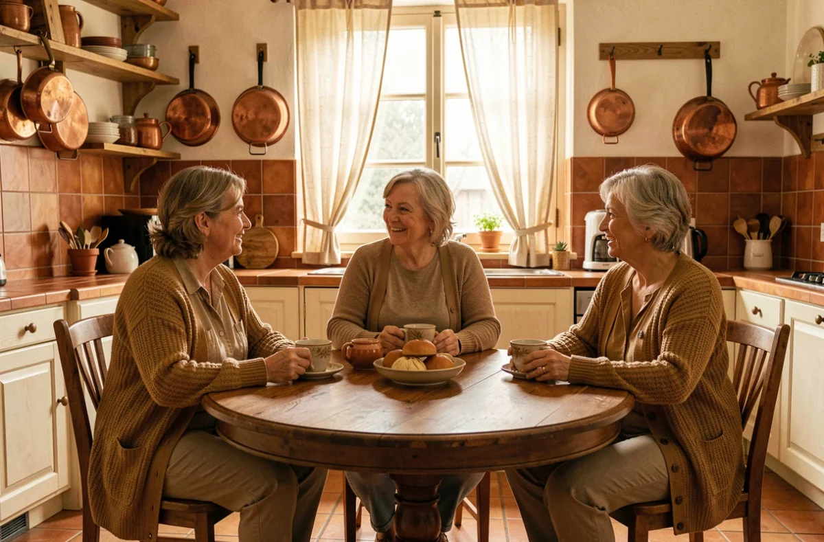 Trois femmes matures réunies autour d'une table de cuisine discutant sereinement des changements corporels et du vieillissement naturel