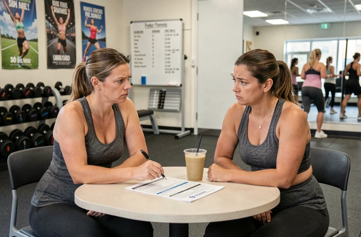 Deux femmes dans un centre de fitness discutant d'un plan d'entraînement fermoter et des erreurs qui empêchent de voir des résultats