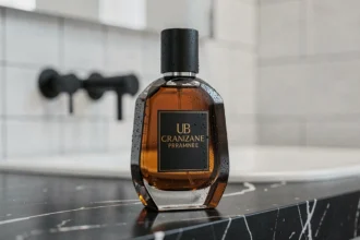 Flacon de parfum masculin de luxe posé sur un marbre noir poli dans une salle de bain minimaliste élégante